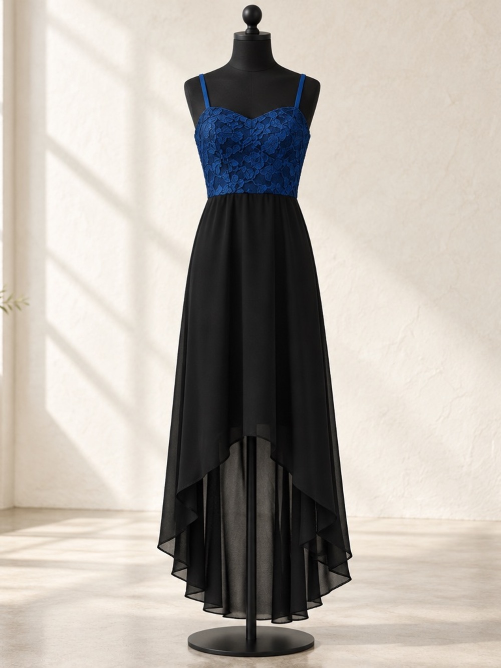 As U Wish Blue & Black High Low Simi Formal Dress with Lace upper & sheer skirt